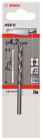 Průměr (D) 4,2 mm, Pracovní délka (L1) 43 mm, Celková délka (L2) 75 mm 