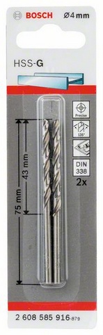 Průměr (D) 4 mm, Pracovní délka (L1) 43 mm, Celková délka (L2) 75 mm 