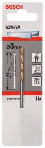 Průměr (D) 3 mm, Pracovní délka (L1) 33 mm, Celková délka (L2) 61 mm