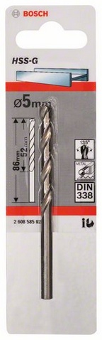 Průměr (D) 5 mm, Pracovní délka (L1) 52 mm, Celková délka (L2) 86 mm 