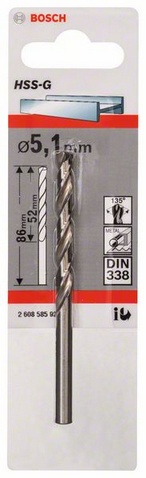 Průměr (D) 5,1 mm, Pracovní délka (L1) 52 mm, Celková délka (L2) 86 mm 