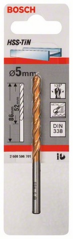 Průměr (D) 5 mm, Pracovní délka (L1) 52 mm, Celková délka (L2) 86 mm