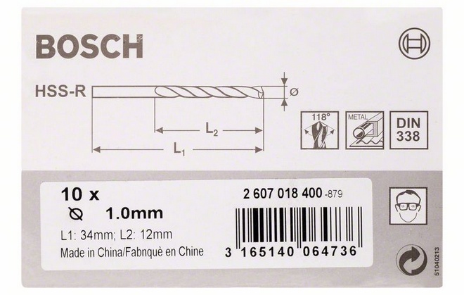 Průměr (D) 1 mm, Pracovní délka (L1) 12 mm, Celková délka (L2) 34 mm 