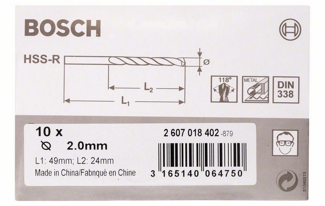 Průměr (D) 2 mm, Pracovní délka (L1) 24 mm, Celková délka (L2) 49 mm 