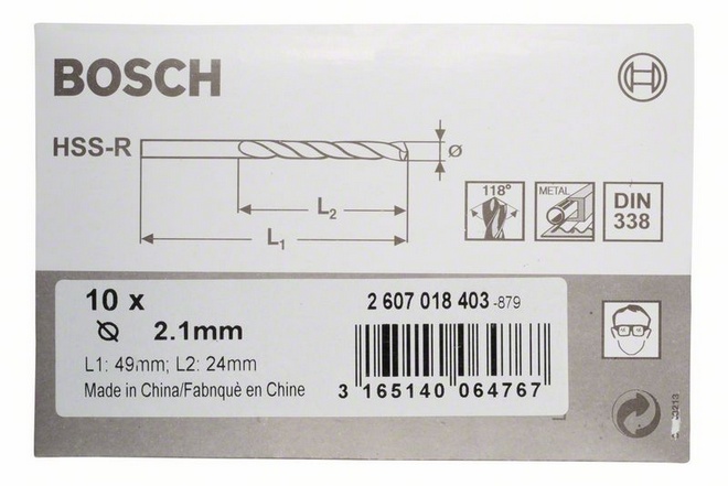 Průměr (D) 2,1 mm, Pracovní délka (L1) 24 mm, Celková délka (L2) 49 mm 