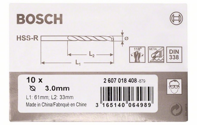 Průměr (D) 3 mm, Pracovní délka (L1) 33 mm, Celková délka (L2) 61 mm 
