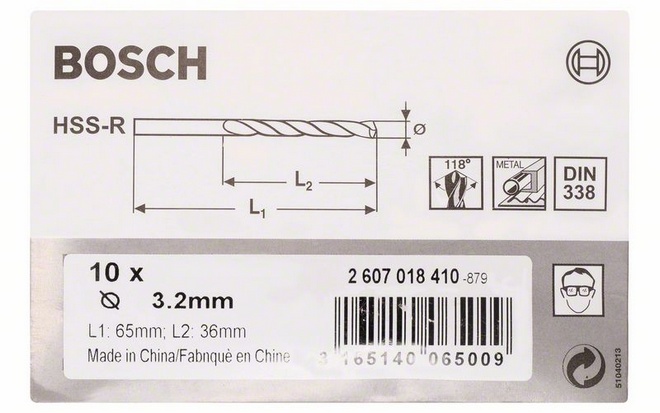 Průměr (D) 3,2 mm, Pracovní délka (L1) 36 mm, Celková délka (L2) 65 mm 