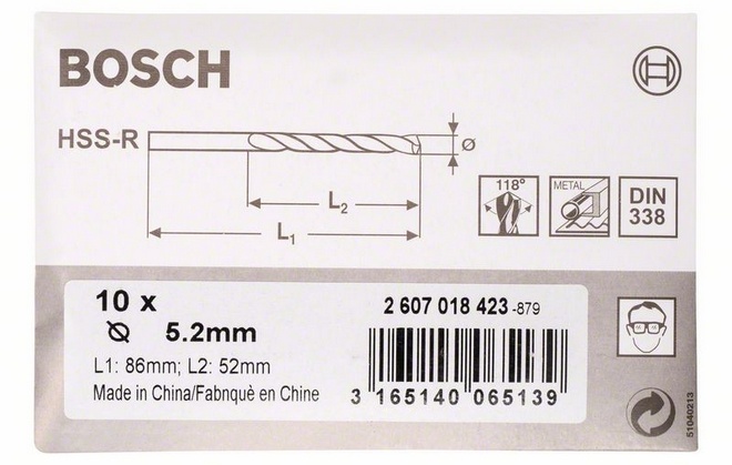 Průměr (D) 5,2 mm, Pracovní délka (L1) 52 mm, Celková délka (L2) 86 mm 