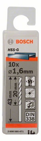 Průměr (D) 1,6 mm, Pracovní délka (L1) 20 mm, Celková délka (L2) 43 mm 