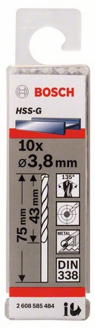 Průměr (D) 3,8 mm, Pracovní délka (L1) 43 mm, Celková délka (L2) 75 mm 