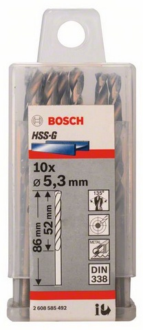 Průměr (D) 5,3 mm, Pracovní délka (L1) 52 mm, Celková délka (L2) 86 mm 