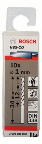 Průměr (D) 1 mm, Pracovní délka (L1) 12 mm, Celková délka (L2) 34 mm
