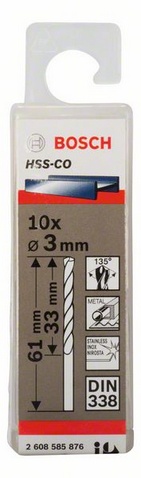 Průměr (D) 3 mm, Pracovní délka (L1) 33 mm, Celková délka (L2) 61 mm
