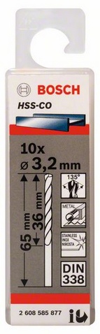 Průměr (D) 3,2 mm, Pracovní délka (L1) 36 mm, Celková délka (L2) 65 mm 