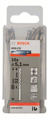 Průměr (D) 5,1 mm, Pracovní délka (L1) 52 mm, Celková délka (L2) 86 mm 