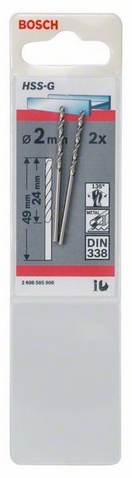 Průměr (D) 2 mm, Pracovní délka (L1) 24 mm, Celková délka (L2) 49 mm 
