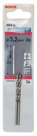 Průměr (D) 3,2 mm, Pracovní délka (L1) 36 mm, Celková délka (L2) 65 mm 