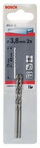Průměr (D) 3,8 mm, Pracovní délka (L1) 43 mm, Celková délka (L2) 75 mm 