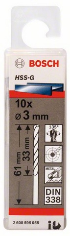 Průměr (D) 3 mm, Pracovní délka (L1) 33 mm, Celková délka (L2) 61 mm 
