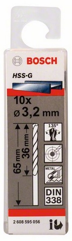 Průměr (D) 3,2 mm, Pracovní délka (L1) 36 mm, Celková délka (L2) 65 mm 