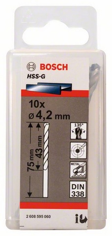 Průměr (D) 4,2 mm, Pracovní délka (L1) 43 mm, Celková délka (L2) 75 mm 