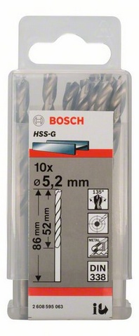 Průměr (D) 5,2 mm, Pracovní délka (L1) 52 mm, Celková délka (L2) 86 mm 