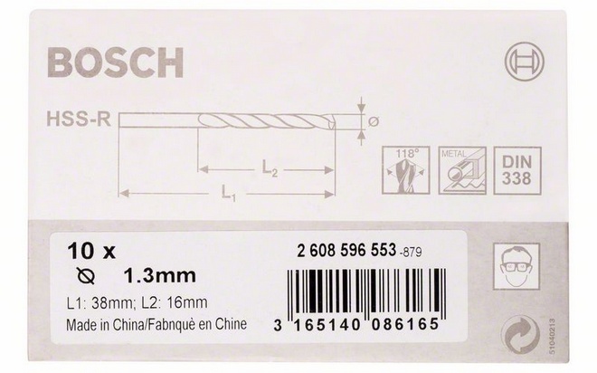 Průměr (D) 1,3 mm, Pracovní délka (L1) 16 mm, Celková délka (L2) 38 mm 
