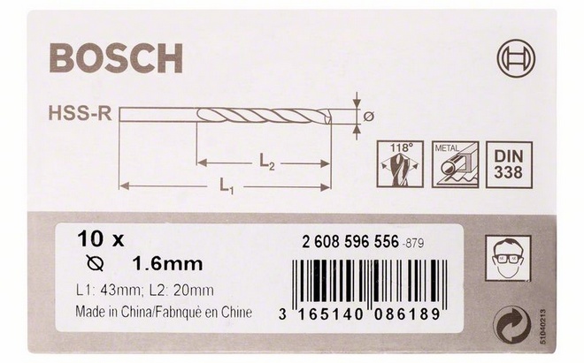 Průměr (D) 1,6 mm, Pracovní délka (L1) 20 mm, Celková délka (L2) 43 mm 