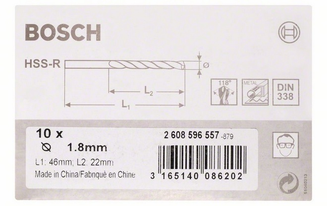 Průměr (D) 1,8 mm, Pracovní délka (L1) 22 mm, Celková délka (L2) 46 mm 
