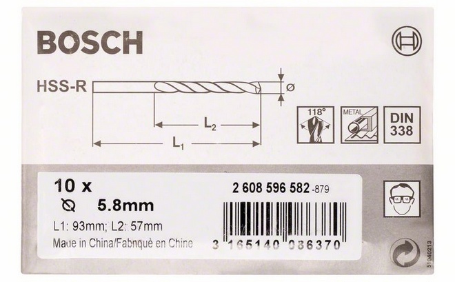 Průměr (D) 5,8 mm, Pracovní délka (L1) 57 mm, Celková délka (L2) 93 mm 
