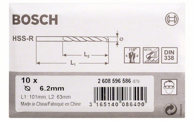 Průměr (D) 6,2 mm, Pracovní délka (L1) 63 mm, Celková délka (L2) 101 mm 