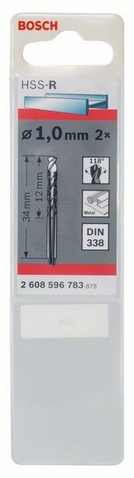Průměr (D) 1 mm, Pracovní délka (L1) 12 mm, Celková délka (L2) 34 mm
