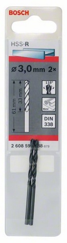 Průměr (D) 3 mm, Pracovní délka (L1) 33 mm, Celková délka (L2) 61 mm 
