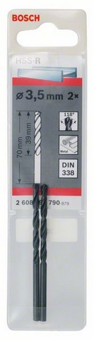 Průměr (D) 3,5 mm, Pracovní délka (L1) 39 mm, Celková délka (L2) 70 mm 