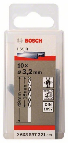 Průměr (D) 3,2 mm, Pracovní délka (L1) 18 mm, Celková délka (L2) 49 mm