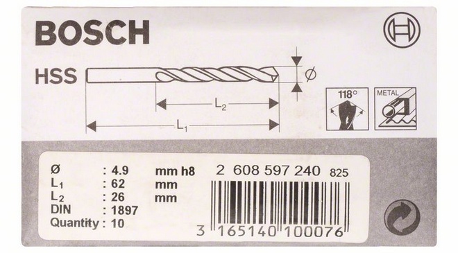 Průměr (D) 4,9 mm, Pracovní délka (L1) 26 mm, Celková délka (L2) 62 mm 
