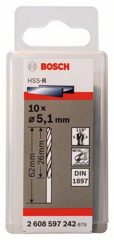 Průměr (D) 5,1 mm, Pracovní délka (L1) 26 mm, Celková délka (L2) 62 mm 