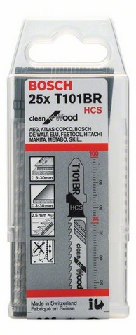 Provedení zubů - Broušený úhel hřbetu a ozubení, celková délka 100 mm, rozteč zubů 2,5 mm, oblasti použití: Měkké dřevo, dřevotřískové desky, laťovky, dřevovláknité desky (3-30 mm), laminované desky, čisté povrchy
