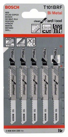 Provedení zubů - broušený úhel hřbetu a ozubení, celková délka 100 mm, rozteč zubů 2,5 mm, oblasti použití: Lamináty, laminované desky (3-30 mm), kuchyňské pracovní desky (3-45 mm), čisté povrchy