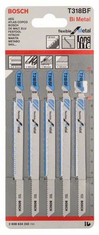 provedení zubů - rozvedené frézované, celková délka 132 mm, rozteč zubů 1,8 mm, oblasti použití: Středně silné plechy (2,5-6 mm), sendvičové materiály (<65 mm), trubky + profily, včetně hliníkových/epoxidových (O <65 mm)