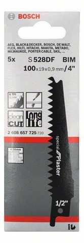 materiál BIM, rozteč zubů 4,3 mm, provedení zubů - rozvedené frézované, oblasti použití: Sádrokarton, Fermacell© (<50 mm), speciálně pro řez zanořením, řez bez vytrhávání třísek