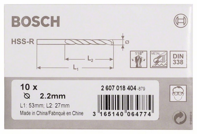 Průměr (D) 2,2 mm, Pracovní délka (L1) 27 mm, Celková délka (L2) 53 mm 