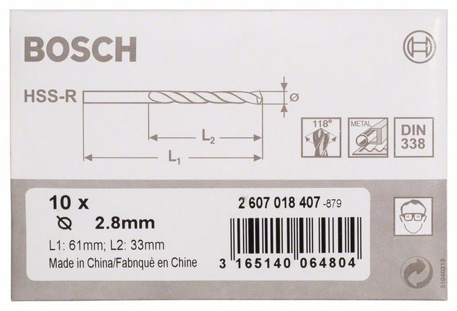 Průměr (D) 2,8 mm, Pracovní délka (L1) 33 mm, Celková délka (L2) 61 mm 