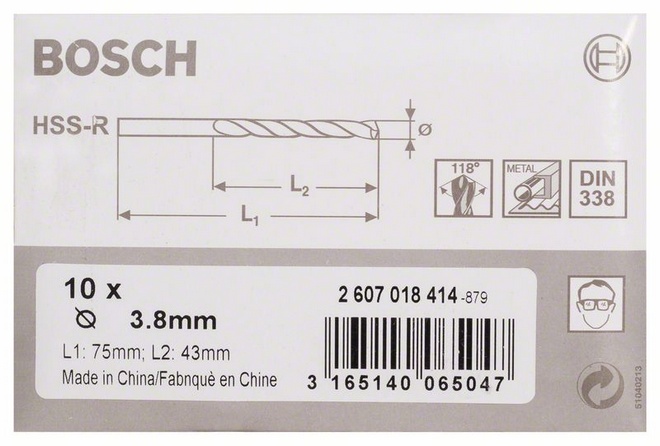 Průměr (D) 3,8 mm, Pracovní délka (L1) 43 mm, Celková délka (L2) 75 mm 