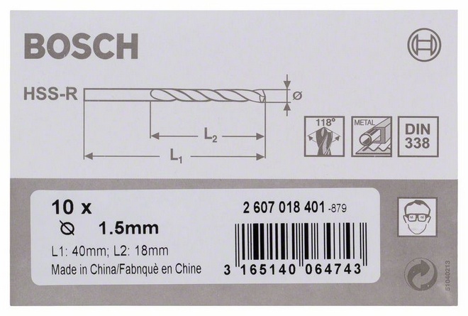 Průměr (D) 1,5 mm, Pracovní délka (L1) 18 mm, Celková délka (L2) 40 mm 