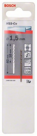Průměr (D) 1,5 mm, Pracovní délka (L1) 18 mm, Celková délka (L2) 40 mm