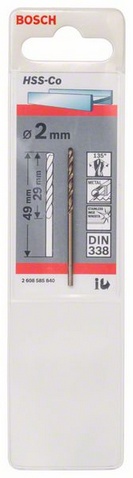 Průměr (D) 2 mm, Pracovní délka (L1) 29 mm, Celková délka (L2) 49 mm