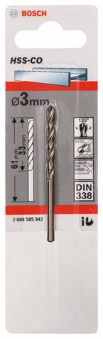 Průměr (D) 3 mm, Pracovní délka (L1) 33 mm, Celková délka (L2) 61 mm