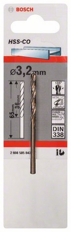 Průměr (D) 3,2 mm, Pracovní délka (L1) 36 mm, Celková délka (L2) 65 mm 
