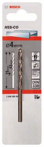 Průměr (D) 4 mm, Pracovní délka (L1) 43 mm, Celková délka (L2) 75 mm 